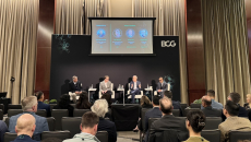 From left: Jazz Tobaccowalla of BCG, Dan Sheeran of AWS, Xavier Avat of Moffitt Cancer Center and Munjal Shah of Hippocratic AI