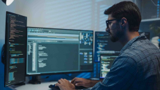 Developer sitting at a desk and looking at numerous screens on a computer