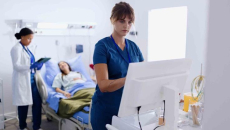 Nurse in a hospital setting looking at a computer while a doctor stands behind them and examines a patient in a hospital bed