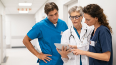 Three healthcare providers standing in the hallway of a hospital while looking at a tablet