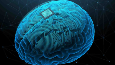Digital image of a brain with a brain-computer interface on it