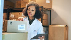 A pharmacist doing stock inventory using a digital tablet