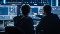 Two people sitting in front of two computer monitors looking at data on the screens