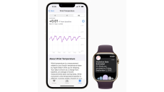 An Apple Watch next to an iPhone displaying ovulation estimates and temperature tracking data.