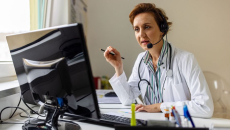 A doctor wearing a headset and working on a computer