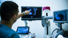 doctor conducting a mammogram