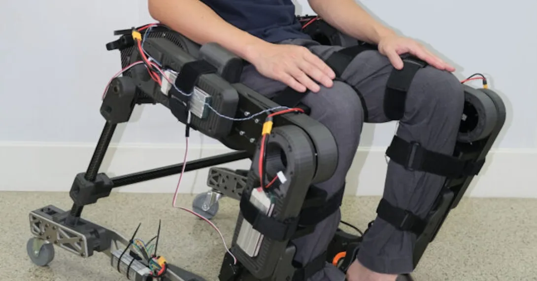 A person wearing the prototype hybrid wheelchair and exoskeleton
A person wearing the prototype hybrid wheelchair and exoskeleton