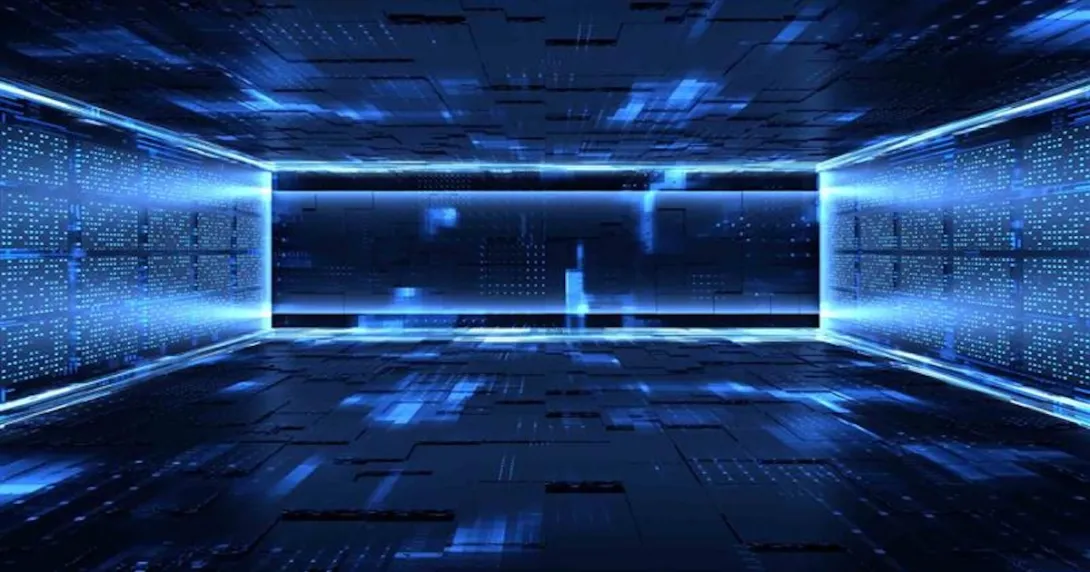 Glowing blue door in a data room