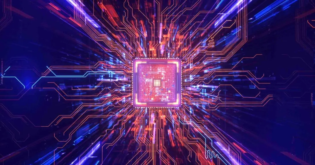 CPU processing data with futuristic electronic circuit and glowing lines