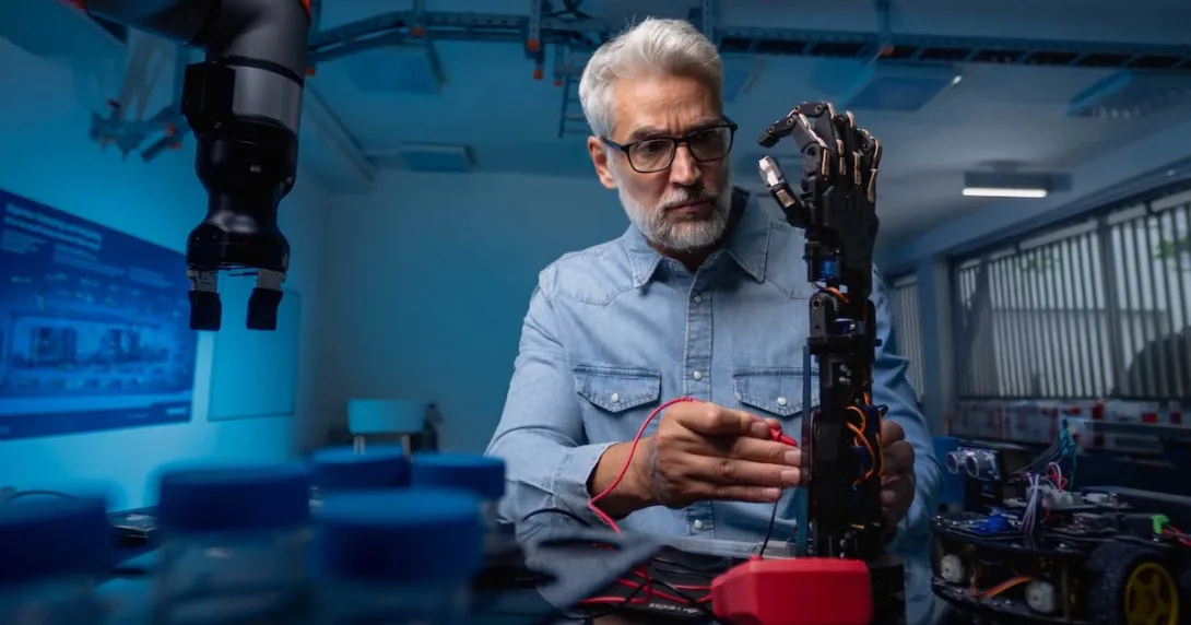 Robotics engineer working on the prosthetic for an arm