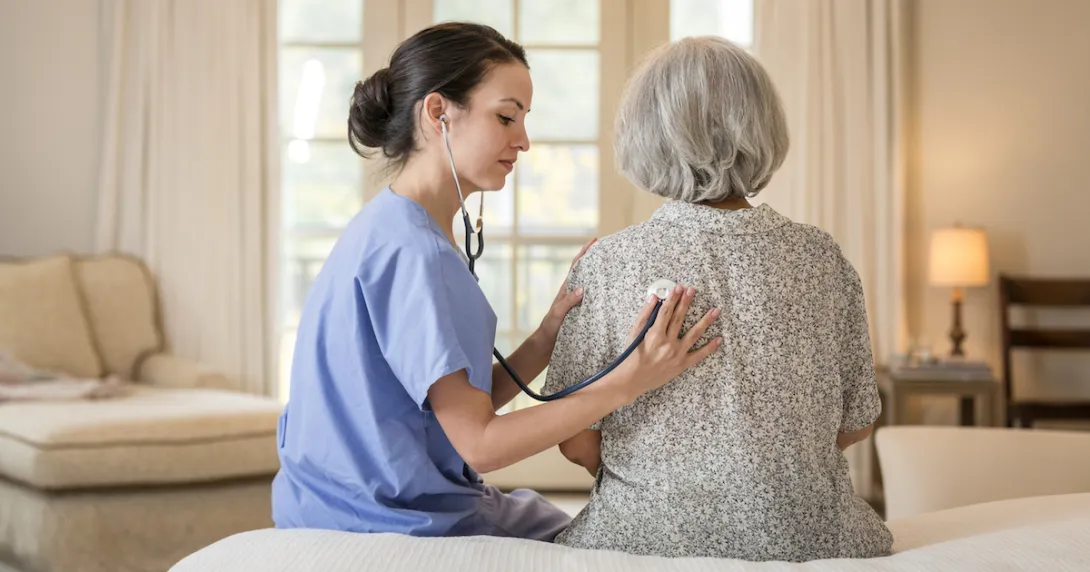 Healthcare provider sitting next to a patient on a bed listening to their lungs with a stethoscope