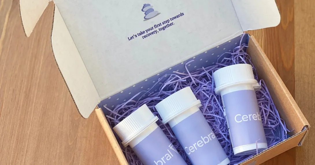 A box containing Cerebral prescriptions that reads "Let's take your first step toward recovery, together."