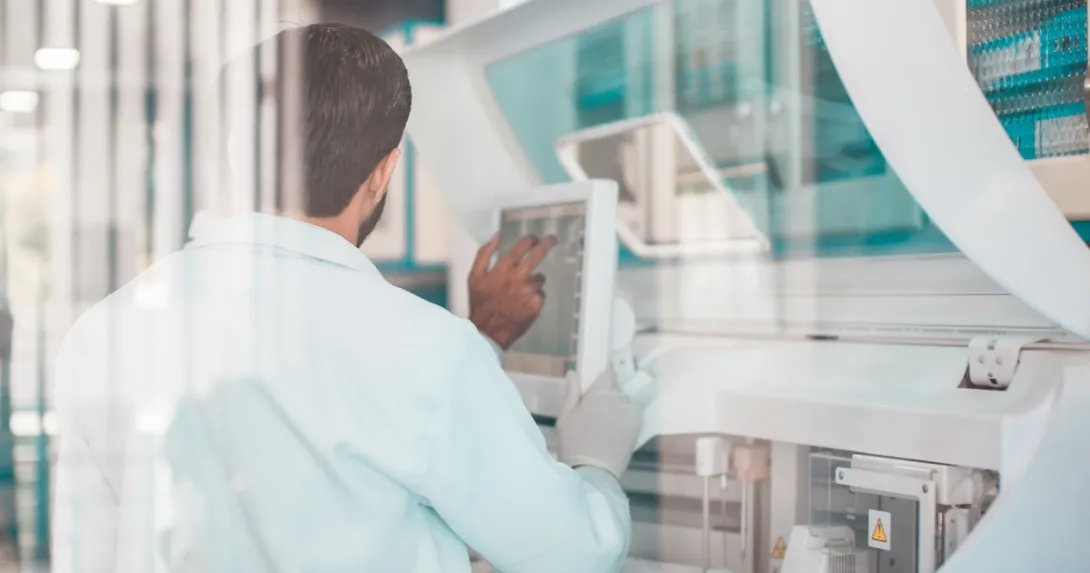 Technician reviewing data