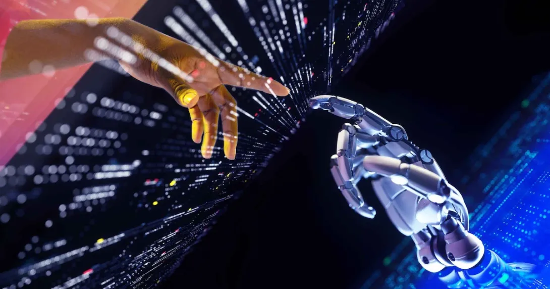 Digital image of two hands touching each other through a data screen