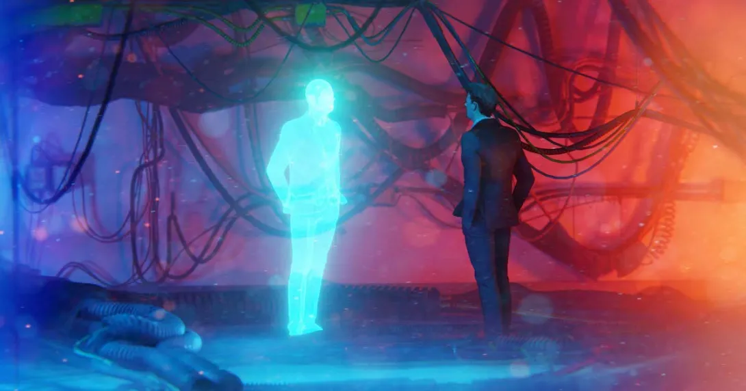 Person standing beside their digital twin in the metaverse