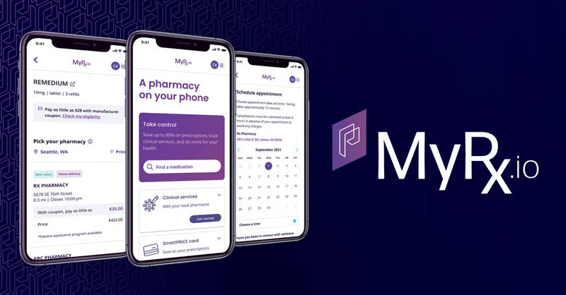 Several smartphones showing different aspects of MyRx.io, like searching for a medication or making an appointment