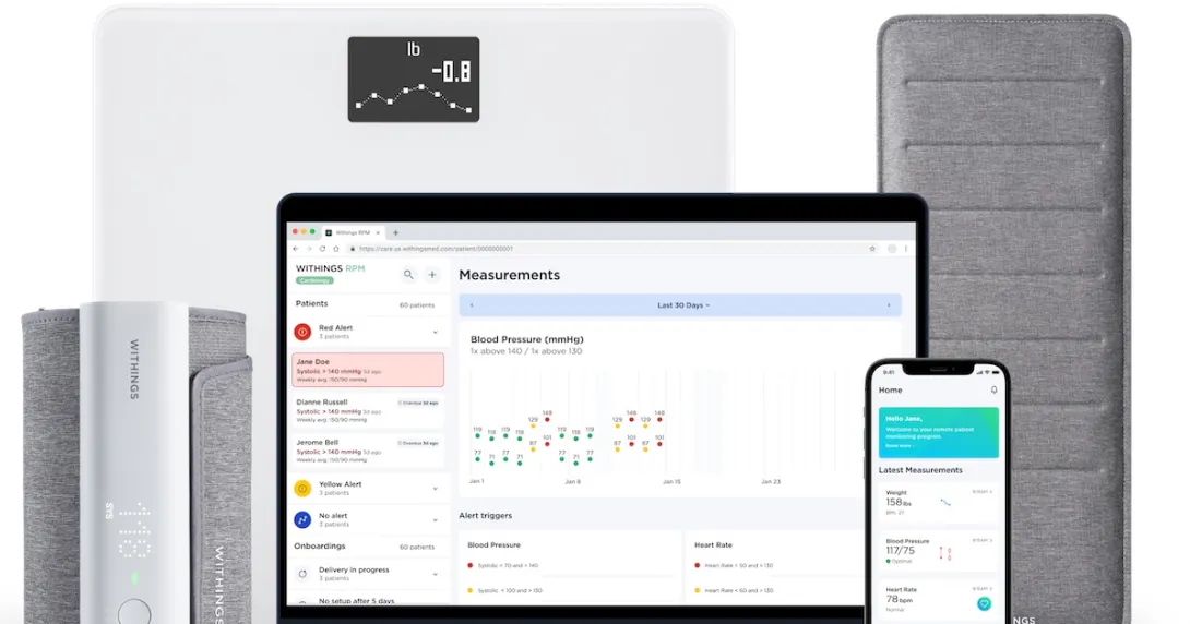The Withings RPM platform with its connected tools in including a scale and blood pressure cuff