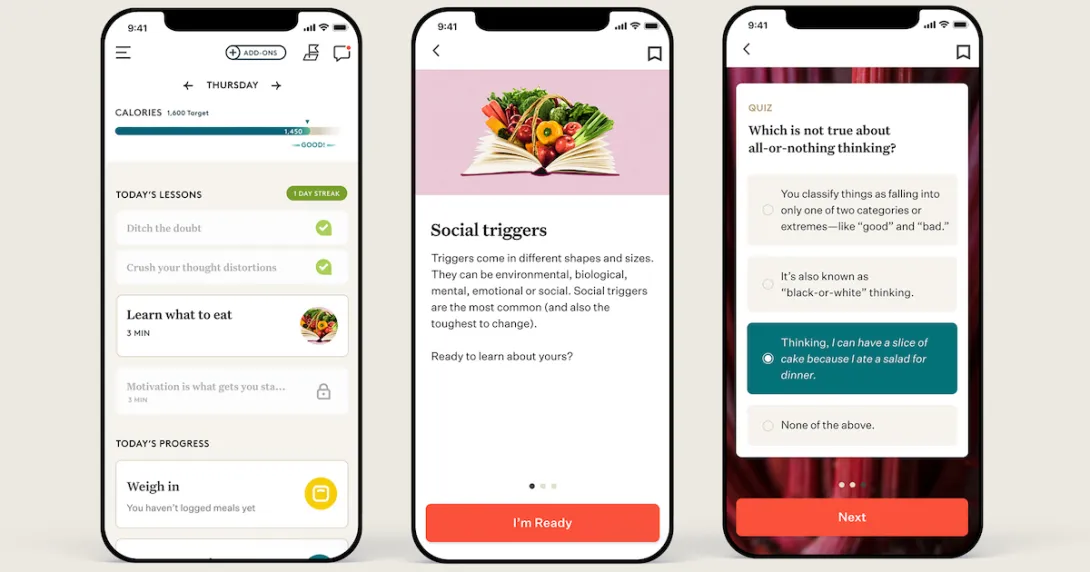 Three smartphones displaying the Noom app.