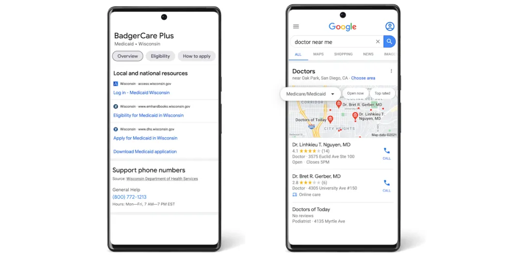 Two smartphones displaying the Medicare and Medicaid information in search as well as the Medicaid filtering feature.