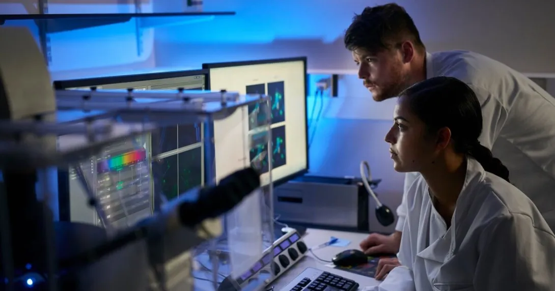Researchers assessing findings from a computer software report